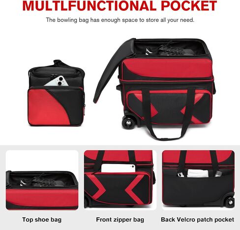 3 Ball Bowling Bags with Wheels and Shoes Compartment, Roller with Multipocket, 2 Ball Bowling Roller Bag + 1 Ball Color Matching Add On Tote (Red-Black) in Kuwait
