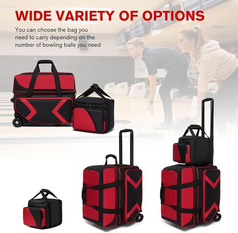 3 Ball Bowling Bags with Wheels and Shoes Compartment, Roller with Multipocket, 2 Ball Bowling Roller Bag + 1 Ball Color Matching Add On Tote (Red-Black) in Kuwait