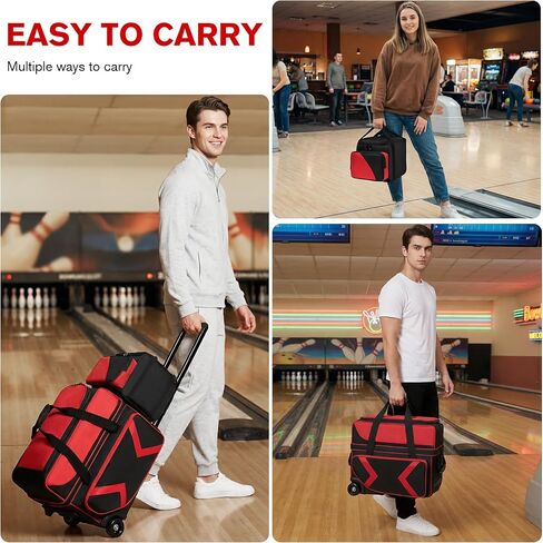3 Ball Bowling Bags with Wheels and Shoes Compartment, Roller with Multipocket, 2 Ball Bowling Roller Bag + 1 Ball Color Matching Add On Tote (Red-Black) in Kuwait
