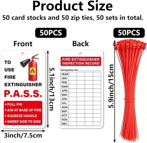 Fire Extinguisher Inspection Tags, 50 Sets, 5.1x3 Inch | Easy-Write Record Tags, Adjustable Wire Ties, Indoor & Outdoor Use, Monthly Inspection Records in Kuwait