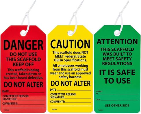 Danger/Caution/Attention Scaffold Status Tags, 25 Pack for PF-Cardstock Safety Tags, 5.75" x 3.25", Black Text on Green/Yellow/Red Background. in Kuwait