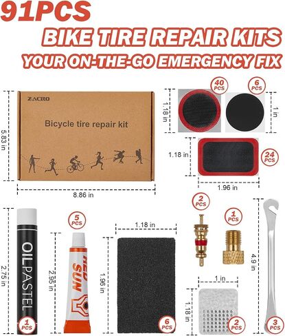 Zacro 91PCS Bike Tire Repair Kit, All-in-One Bicycle Tube Patch Kit with 40 Vulcanizing Patches & Valve Converter, Portable Bike Tool Kit for Mountain, Commuter & Road Bikes in Kuwait