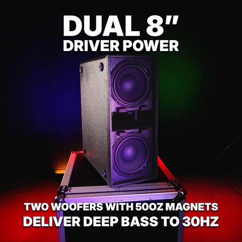 Rockville Titan Slim D8 مضخم صوت مدعوم ، مزدوج 8 بوصات ، 400W RMS/1600W الذروة ، 122dB SPL ، قابلة للتكديس ، رأسي/أفقي ، مدخلات XLR/RCA ، دفعة باس ، غلاف خشب خشب مضغوط ل DJ/LIVE in Kuwait