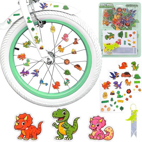 Bike Wheel Decorations for Kids – 32 PC/16Designs Dinosaur Bike Spoke Decorations Set with Stickers & Reflective Safety Strip, Glow Edge Bicycle Accessories for Boys, Easy Snap-On Bike Gifts in Kuwait