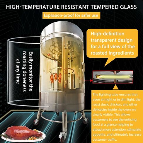 LPG Volcanic Rock Duck Roaster 220V, Vertical Rotating Commercial Duck Oven Stainless Steel with Tempered Glass Window for Supermarkets, BBQ Restaurants Snack Stalls, 24-30 Ducks/Chickens in Kuwait