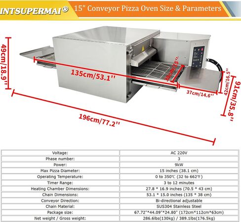 INTSUPERMAI Commercial 15" Conveyor Pizza Oven, Electric Tunnel Oven, Hot Air Circulation Digital Control SUS304 Stainless Steel Countertop Baking Machine for Restaurant Bakery 220V 3 Phase 9kW in Kuwait