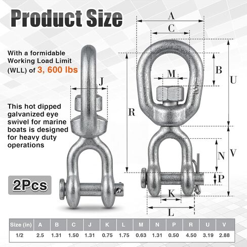 Hicarer 2 Pcs 1/2" Eye Swivel for Marine Boats, Hot Dipped Galvanized Mooring Connector, 3, 600 lbs WLL Heavy Duty Towing Lifting Rigging Hardware for Docks Buoys and Industrial Hoisting in Kuwait