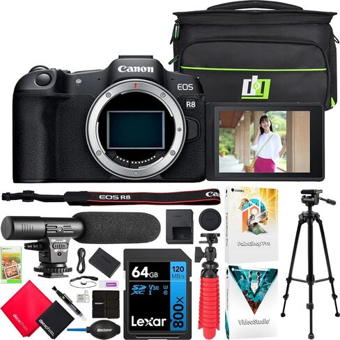 Canon EOS R8 Full Frame Mirrorless Camera Content Creator Kit Including Body + 24-50mm Lens + Microphone + Tripod Grip 5803C037 Bundle with Deco Gear Photography Bag + Monopod +Software & Accessories in Kuwait