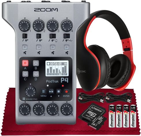 Zoom PodTrak P4 مسجل بودكاست محمول متعدد المسارات، واجهة صوت مع 4 مداخل ميكروفون، 4 مخارج سماعة رأس مع 64 جيجابايت SD، كابل 2X XLR، سماعة رأس مع ميكروفون مدمج، بطاريات، والمزيد in Kuwait