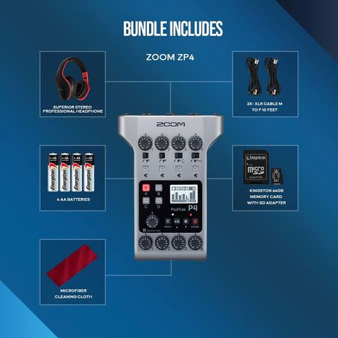 Zoom PodTrak P4 مسجل بودكاست محمول متعدد المسارات، واجهة صوت مع 4 مداخل ميكروفون، 4 مخارج سماعة رأس مع 64 جيجابايت SD، كابل 2X XLR، سماعة رأس مع ميكروفون مدمج، بطاريات، والمزيد in Kuwait