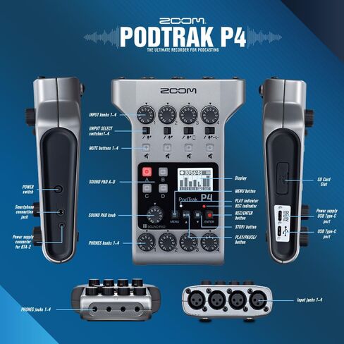 Zoom PodTrak P4 مسجل بودكاست محمول متعدد المسارات، واجهة صوت مع 4 مداخل ميكروفون، 4 مخارج سماعة رأس مع 64 جيجابايت SD، كابل 2X XLR، سماعة رأس مع ميكروفون مدمج، بطاريات، والمزيد in Kuwait