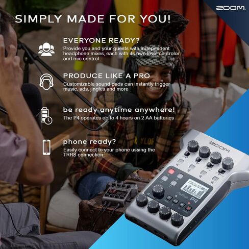 Zoom PodTrak P4 مسجل بودكاست محمول متعدد المسارات، واجهة صوت مع 4 مداخل ميكروفون، 4 مخارج سماعة رأس مع 64 جيجابايت SD، كابل 2X XLR، سماعة رأس مع ميكروفون مدمج، بطاريات، والمزيد in Kuwait