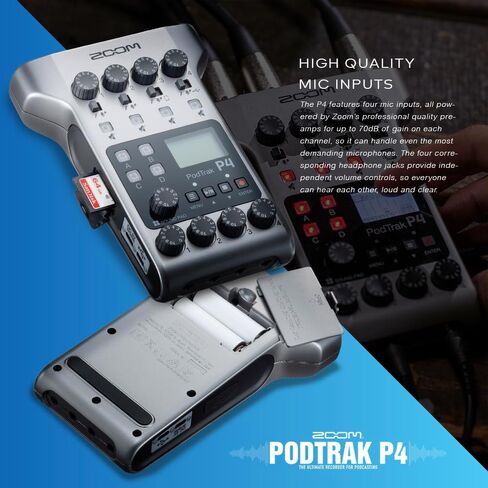 Zoom PodTrak P4 مسجل بودكاست محمول متعدد المسارات، واجهة صوت مع 4 مداخل ميكروفون، 4 مخارج سماعة رأس مع 64 جيجابايت SD، كابل 2X XLR، سماعة رأس مع ميكروفون مدمج، بطاريات، والمزيد in Kuwait