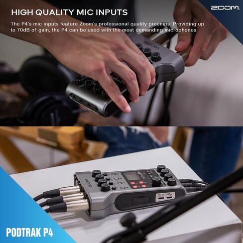 Zoom PodTrak P4 مسجل بودكاست محمول متعدد المسارات، واجهة صوت مع 4 مداخل ميكروفون، 4 مخارج سماعة رأس مع 64 جيجابايت SD، كابل 2X XLR، سماعة رأس مع ميكروفون مدمج، بطاريات، والمزيد in Kuwait