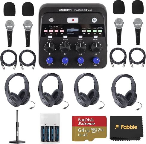 مجموعة مسجل بودكاست محمول متعدد المسارات Zoom PodTrak P4next مع ميكروفونات وسماعات الرأس والزجاج الأمامي وحامل ميكروفون سطح المكتب وكابلات XLR وشاحن وبطاقة 64 جيجابايت in Kuwait