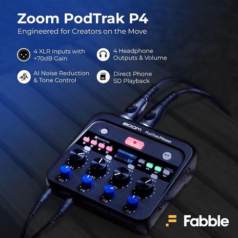مجموعة مسجل بودكاست محمول متعدد المسارات Zoom PodTrak P4next مع ميكروفونات وسماعات الرأس والزجاج الأمامي وحامل ميكروفون سطح المكتب وكابلات XLR وشاحن وبطاقة 64 جيجابايت in Kuwait