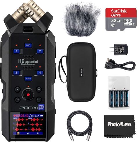 Zoom H6essential Handy Recorder, Bundle with Zoom Accessory Pack, 32GB Micro SD-Card with Adapter, 2 XLR Cable, 4 AA Batteries & Charger, Cleaning Cloth in Kuwait