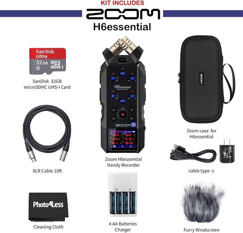 Zoom H6essential Handy Recorder, Bundle with Zoom Accessory Pack, 32GB Micro SD-Card with Adapter, 2 XLR Cable, 4 AA Batteries & Charger, Cleaning Cloth in Kuwait