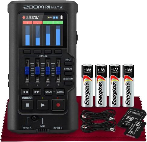 Zoom R4 Multitrak - مسجل عائم 32 بت، تسجيل 4 مسارات مع ارتداد ستيريو، مدخلات XLR/TS مزدوجة، ميكروفون مدمج مع كابلين XLR، بطاريات، وبطاقة MicroSDXC سعة 64 جيجابايت in Kuwait