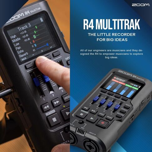 Zoom R4 Multitrak - مسجل عائم 32 بت، تسجيل 4 مسارات مع ارتداد ستيريو، مدخلات XLR/TS مزدوجة، ميكروفون مدمج مع كابلين XLR، بطاريات، وبطاقة MicroSDXC سعة 64 جيجابايت in Kuwait
