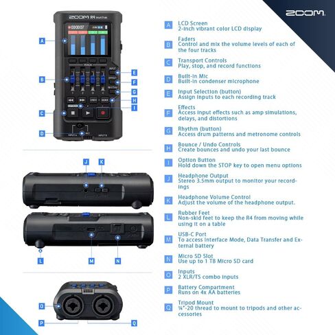 Zoom R4 Multitrak - مسجل عائم 32 بت، تسجيل 4 مسارات مع ارتداد ستيريو، مدخلات XLR/TS مزدوجة، ميكروفون مدمج مع كابلين XLR، بطاريات، وبطاقة MicroSDXC سعة 64 جيجابايت in Kuwait