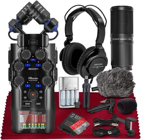 مسجل مفيد Zoom H6studio، H6 Studio (H6S) تسجيل عائم 32 بت، مضخمات سلسلة F، مقابض كسب، ميكروفونات كبيرة، واجهة صوت USB مع حامل ثلاثي القوائم، غطاء ميكروفون، حزمة ميكروفون بودكاست لموسيقي صانع الأفلام البودكاست in Kuwait