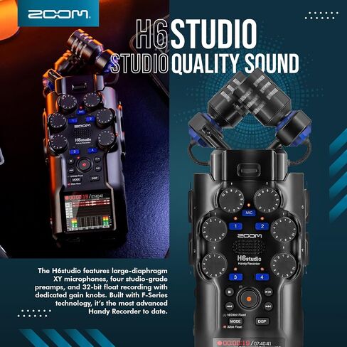 مسجل مفيد Zoom H6studio، H6 Studio (H6S) تسجيل عائم 32 بت، مضخمات سلسلة F، مقابض كسب، ميكروفونات كبيرة، واجهة صوت USB مع حامل ثلاثي القوائم، غطاء ميكروفون، حزمة ميكروفون بودكاست لموسيقي صانع الأفلام البودكاست in Kuwait