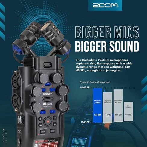مسجل مفيد Zoom H6studio، H6 Studio (H6S) تسجيل عائم 32 بت، مضخمات سلسلة F، مقابض كسب، ميكروفونات كبيرة، واجهة صوت USB مع حامل ثلاثي القوائم، غطاء ميكروفون، حزمة ميكروفون بودكاست لموسيقي صانع الأفلام البودكاست in Kuwait