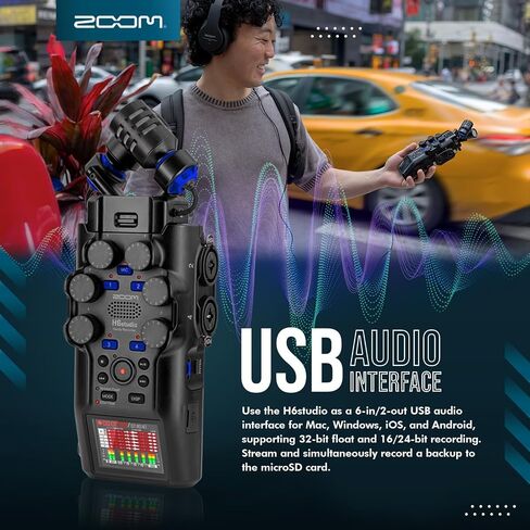 مسجل مفيد Zoom H6studio، H6 Studio (H6S) تسجيل عائم 32 بت، مضخمات سلسلة F، مقابض كسب، ميكروفونات كبيرة، واجهة صوت USB مع حامل ثلاثي القوائم، غطاء ميكروفون، حزمة ميكروفون بودكاست لموسيقي صانع الأفلام البودكاست in Kuwait