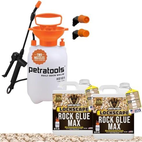 مجموعة المناظر الطبيعية من PetraMax Rock Glue - 32 أونصة (عبوتان) مثبت الحصى والحصى مع بخاخ مضخة Petratools HD101 سعة 1 جالون، لاصق حجري لأسرة الحدائق والممرات والحدود in Kuwait