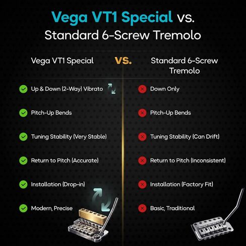 Vega Trem VT1 Special Standard Tremolo Bridge for Strat-Style Guitars – Drop-In 6-Screw No Mods Replacement, 2-Way Vibrato, Stable Tuning, Brass Block, Premium Finishes, Right-Handed in Kuwait