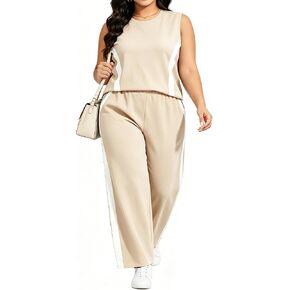 UOUA Women's Plus Size 2 Piece Outfit Summer Casual Lounge Set Sleeveless Tank Top Wide Leg Pants Travel Vacation Clothing in Saudi Arabia