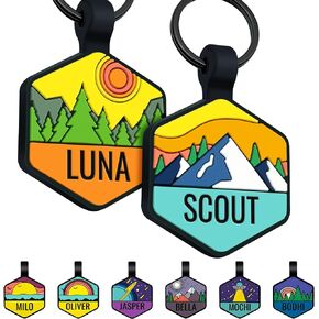 GoTags Silicone Dog Tag with Design, Silent Personalized Engraved Dog and Cat Name Pet ID Tags, Soundless No More Jingling Dog Tags Outdoor Colorful Designs, Mountain, Forest and Space Theme in Kuwait