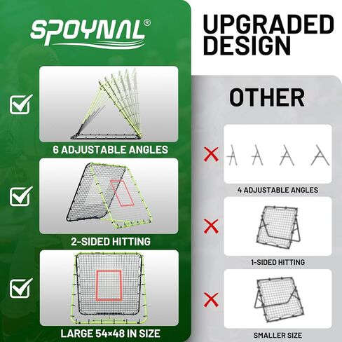 شبكة تدريب البيسبول SPOYNAL مقاس 54 × 48 بوصة، شبكة تدريب بيسبول قابلة للتعديل مع 6 زوايا، شبكة ارتداد قابلة للعكس للرمي والرمي والميدان ومعدات تدريب البيسبول والكرة اللينة in Kuwait