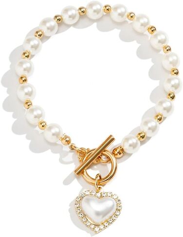 Gold Pearl Bracelet Set for Women Men, 14K Gold Plated Baroque Pearl Rhinestone Beads Stackable Bracelets Chunky Cuban Paperclip Link Chain Heart Bracelets Gold Bracelets for Women Trendy Jewelry in Saudi Arabia