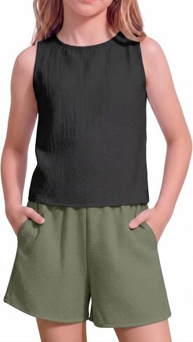 Arshiner Girls Summer 2 Piece Outfit Sleeveless Top and Paperbag Waist Shorts with Pockets Kids Shorts Set Ages 5-13 in Saudi Arabia