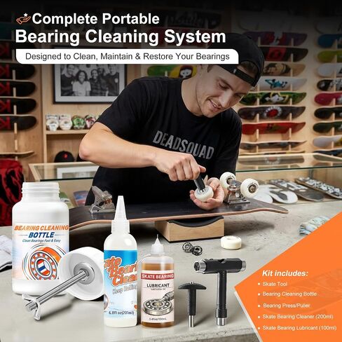 Skate Bearing Cleaning Kit – Portable Complete Bearing Maintenance System with Cleaning Bottle, 200ml Cleaner, 100ml Lubricant Oil, Bearing Press Puller & T Tool for Skateboard & Roller Skates in Kuwait
