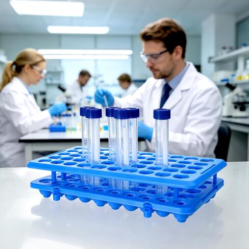 BIGLEE Plastic Test Tube Holder Rack with Silicone Pad for 5ml/10ml/15ml Centrifuge Tubes, Detachable,Holes 50 (1, Dark Blue, 9.6X4.9IN) in Kuwait