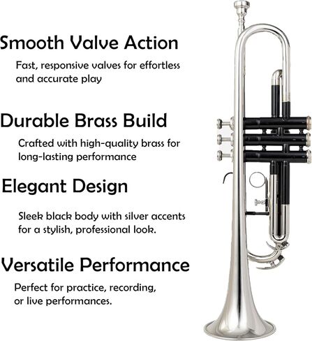 Bb Trumpet for Students & Adults – Silver & Black Lacquer Finish | Brass Wind Instrument with Mouthpiece & Hard Case for Learning & Band Practice in Kuwait