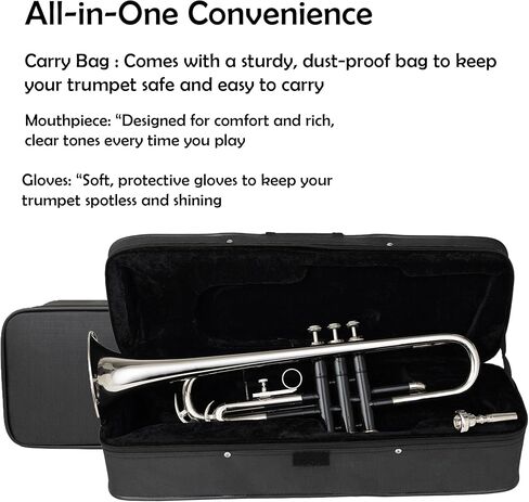 Bb Trumpet for Students & Adults – Silver & Black Lacquer Finish | Brass Wind Instrument with Mouthpiece & Hard Case for Learning & Band Practice in Kuwait