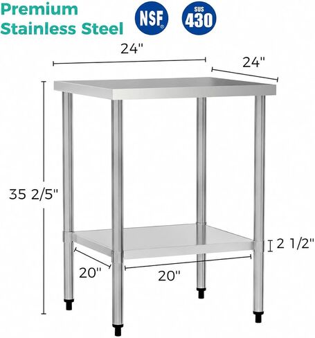 Stainless Steel Commercial Work Table with Adjustable Undershelf,Certified Prep Station,Heavy Duty Metal Kitchen Bench,Galvanized Legs,Smooth Surface for Restaurant Cafe Catering (Silver,24" x 24") in Kuwait
