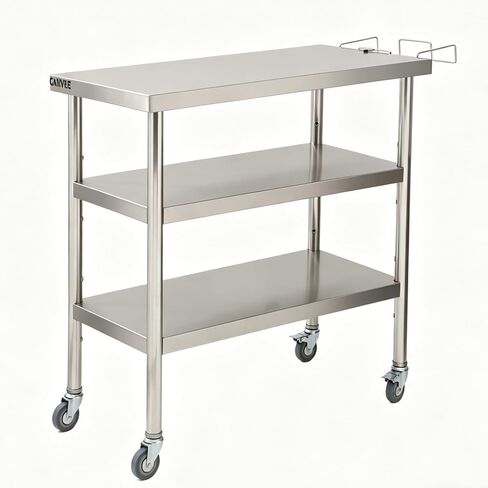 Stainless Steel Work Table - Heavy Duty Commercial Prep Table with Double Layer Storage & Garbage Shelf - 0.7mm Thick Mobile Table with 4 Locking Swivel Casters & Side Hooks - Ideal for Kitchen, Lab, in Kuwait