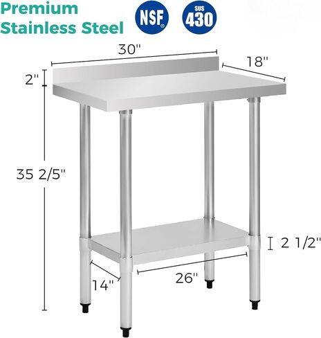 Stainless Steel Commercial Work Table with Backsplash, Undershelf Prep Station, NSF Certified 18 Gauge Utility Counter for Restaurant Kitchen, Adjustable Feet, Chef Storage Stand (Silver,30" x 18") in Kuwait