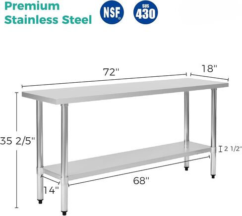 18 Gauge Stainless Steel Commercial Work Table with Adjustable Undershelf Galvanized Legs,Prep Station for Restaurant Kitchen Cafe Catering Garage Laundry Room Equipment Stand (Silver,72" x 18") in Kuwait