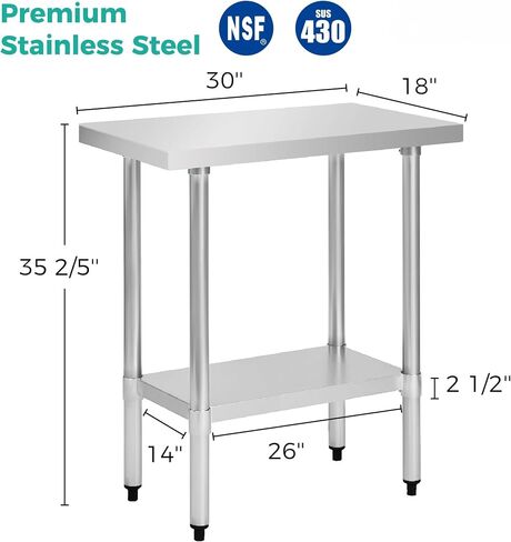 Stainless Steel Work Table, NSF Certified Prep Station with Adjustable Galvanized Undershelf, 18 Gauge Metal Utility Bench for Restaurant Kitchen Cafe Catering Foodservice (Silver,30" x 18") in Kuwait