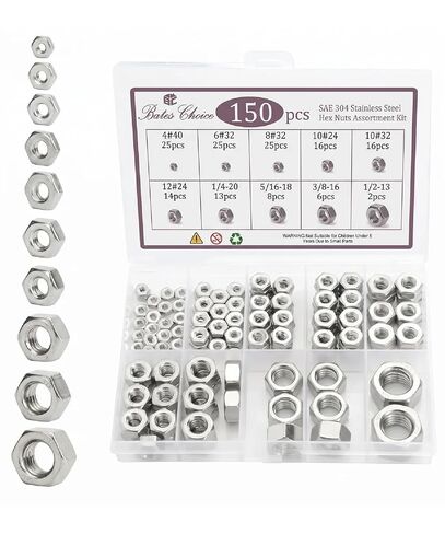 Bates- SAE Hex Nuts Assortment Kit, 10 Sizes, 150 pcs, Stainless Steel, 4#40 6#32 8#32 10#24 10#32 12#24 1/4"-20 5/16"-18 3/8"-16 1/2"-13, Hardware Nuts in Kuwait