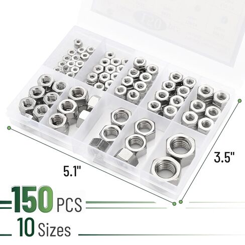 Bates- SAE Hex Nuts Assortment Kit, 10 Sizes, 150 pcs, Stainless Steel, 4#40 6#32 8#32 10#24 10#32 12#24 1/4"-20 5/16"-18 3/8"-16 1/2"-13, Hardware Nuts in Kuwait
