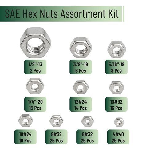 Bates- SAE Hex Nuts Assortment Kit, 10 Sizes, 150 pcs, Stainless Steel, 4#40 6#32 8#32 10#24 10#32 12#24 1/4"-20 5/16"-18 3/8"-16 1/2"-13, Hardware Nuts in Kuwait