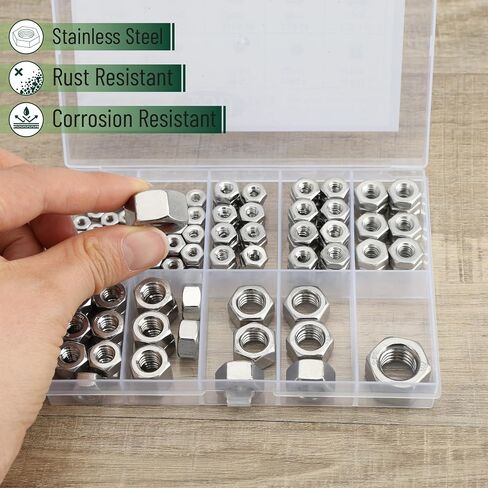 Bates- SAE Hex Nuts Assortment Kit, 10 Sizes, 150 pcs, Stainless Steel, 4#40 6#32 8#32 10#24 10#32 12#24 1/4"-20 5/16"-18 3/8"-16 1/2"-13, Hardware Nuts in Kuwait