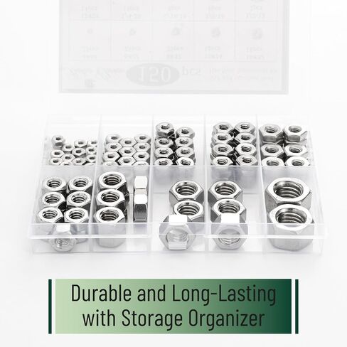Bates- SAE Hex Nuts Assortment Kit, 10 Sizes, 150 pcs, Stainless Steel, 4#40 6#32 8#32 10#24 10#32 12#24 1/4"-20 5/16"-18 3/8"-16 1/2"-13, Hardware Nuts in Kuwait